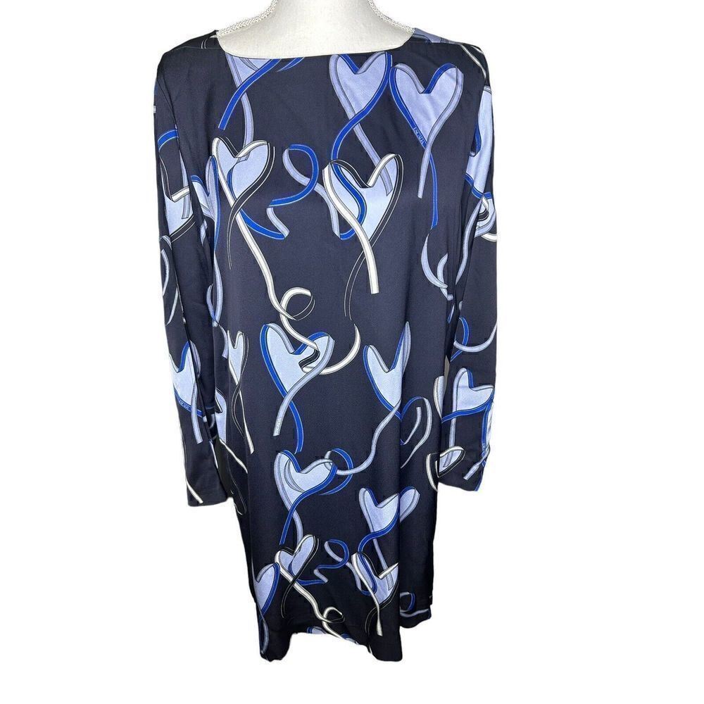ESCADA RIBBON & HEART PRINT OPEN SLEEVES MIDI SHIFT DRESS SIZE 36 Medium